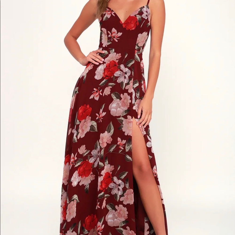 Into Bloom Burgundy Floral Print Maxi Dress.